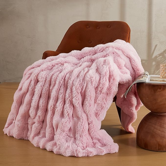 JELLYMONI Faux Fur Throw Blanket, Pink Fuzzy Cozy Plush Bubble Bed Blanket, Thick and Warm King Size (108" x 90")
