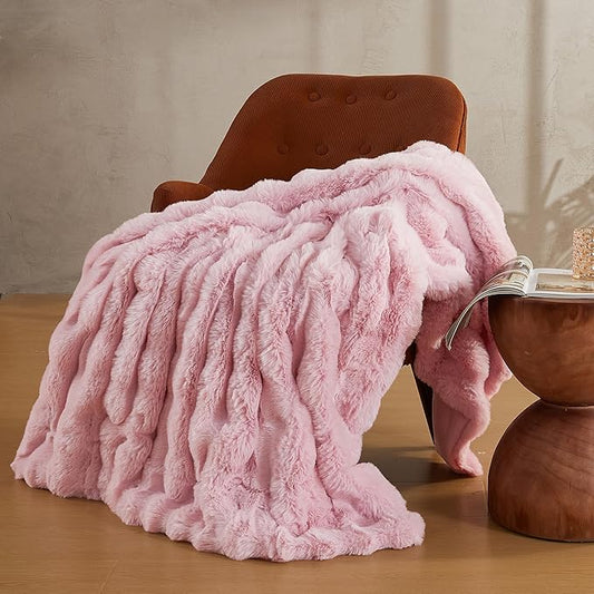 JELLYMONI Faux Fur Throw Blanket, Pink Cozy Plush Bubble Bed Blanket, Thick and Warm, Queen (90" x 90")