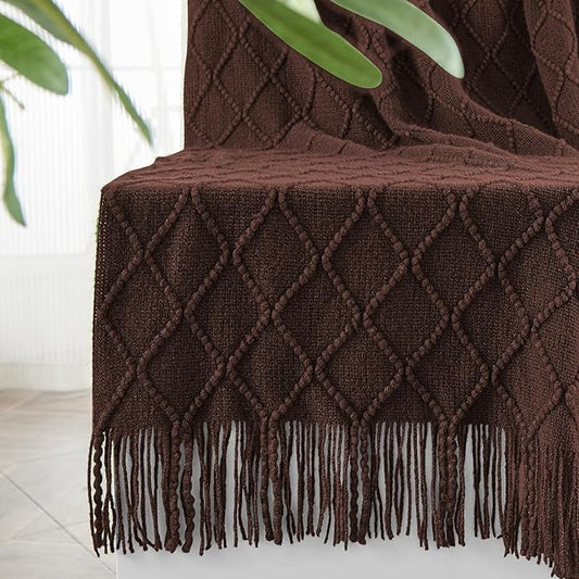 inhand Knitted Throw Blankets for Couch and Bed, Soft Cozy Knit Blanket with Tassel, Diamond Brown Lightweight Decorative Blankets and Throws, Farmhouse Warm Woven Blanket for Men and Women, 50"x60"