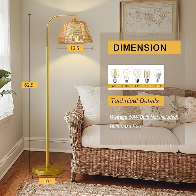 Oneach Arc Floor Lamp for Living Room,Rattan Boho Floor Lamp with Hand-Woven Wicker & Fabric Shade, Foot Switch,Gold Metal Base & Pole,Farmhouse Standing Lamp for Bedroom Corner,Office,Reading