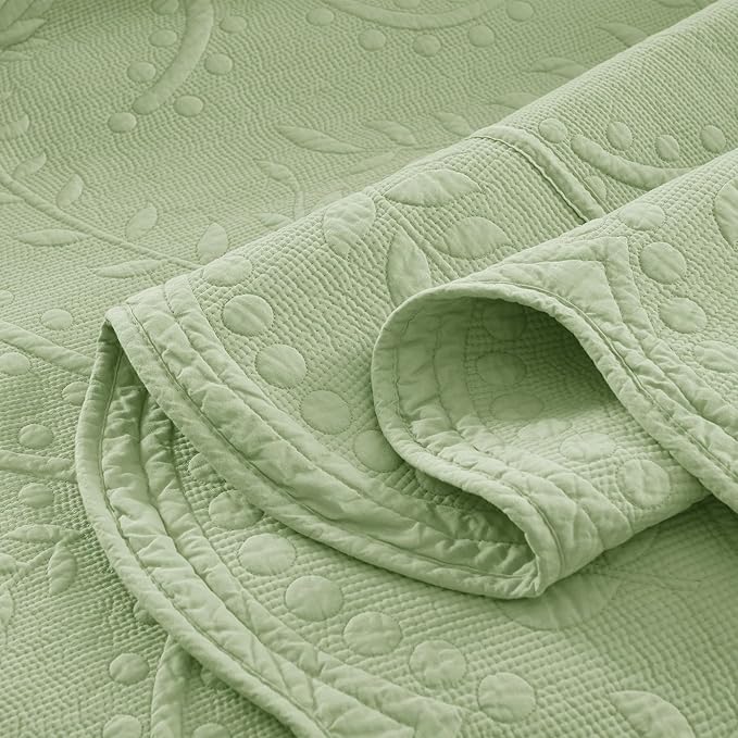 MarCielo 3-Piece 100% Cotton Oversized Bedspread Lightweight Quilt Coverlet Embroidery Farmhouse Bedding Set (TX Pale Green, Oversized Queen (100"x106"))