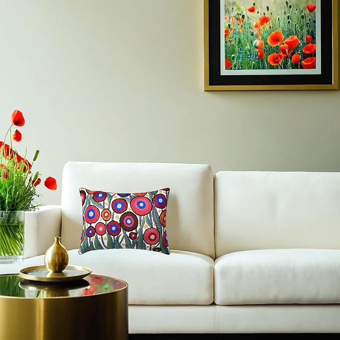 Cream Lumbar Poppy Floral Pillow Cover Red Poppies Flower Pillows White Farmhouse Chair Cushion Floral Cream Hand Embroidered Size 14x20