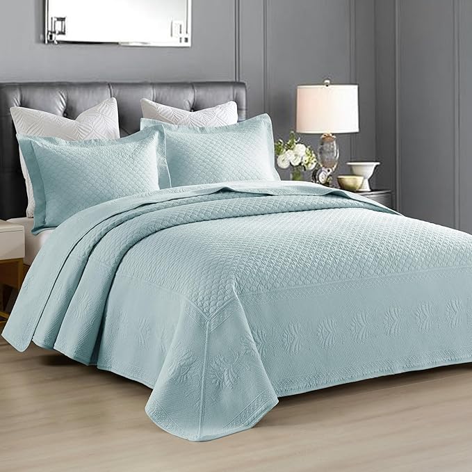 MarCielo 3-Piece 100% Cotton Oversized Bedspread Lightweight Quilt Coverlet Embroidery Farmhouse Bedding Set (TM Mint Green, Oversized King (118"x106"))