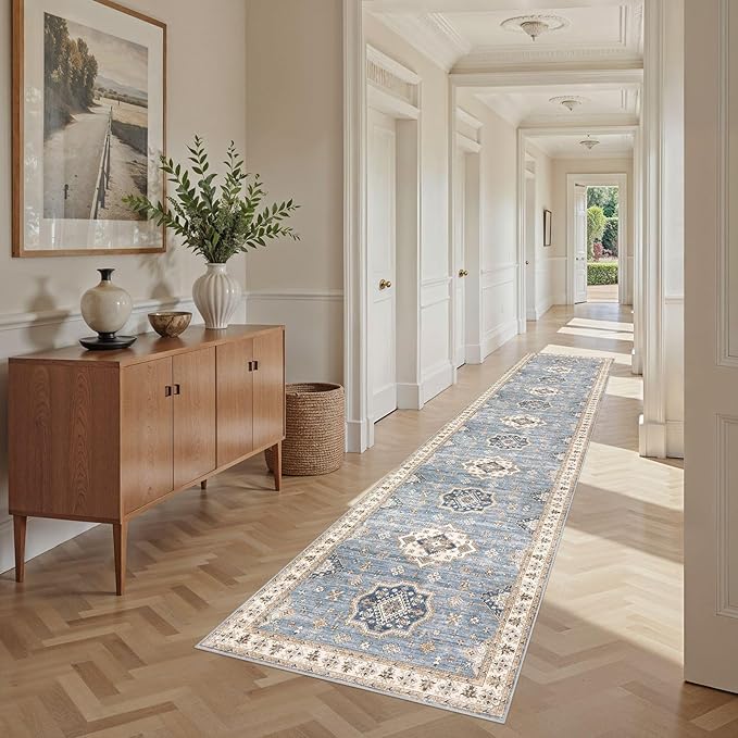 Washable 2.6x12 Runner Rug - Area Rugs Neutral Vintage Distressed Floral Farmhouse Boho Large Soft Floor Rug Indoor Carpet for Hallway Entryway Kitchen Home - Blue