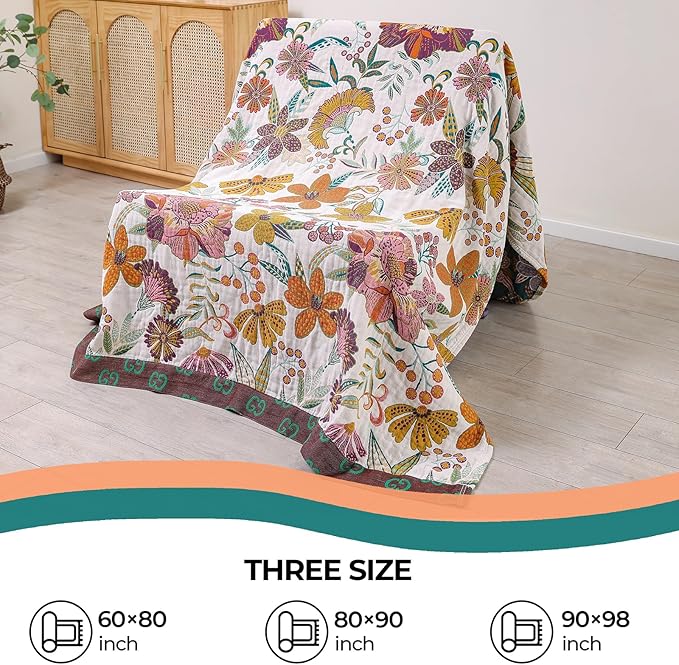 Premium Bed Throws- Boho Throw Blanket 80”x 90”,100% Cotton Ultra Soft Rustic Quilt Summer Blanket Travel Muslin Blanket Home Decor Large Bed Blankets All Season Throws for Women Mom