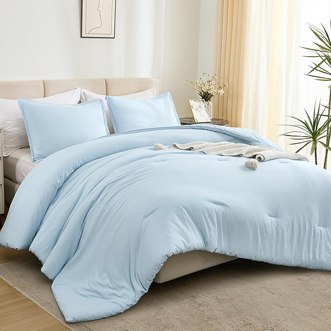 Litanika Comforters Light Blue Queen Size, 3 Pieces Lightweight Solid Bedding Comforter Set, All Season Fluffy Bed Set (90x90In Comforter & 2 Pillowcases)