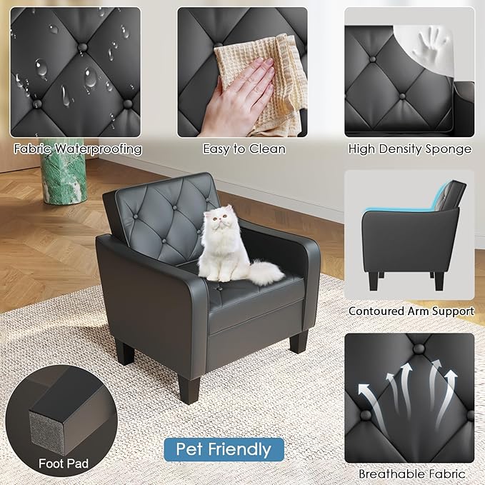 STHOUYN Living Room Chairs Black Leather Accent Chairs Set of 2, Waiting Room Arm Chairs, Reading Chairs for Bedroom Comfy Club Chair Tufted, Office Small Space (2, Black)