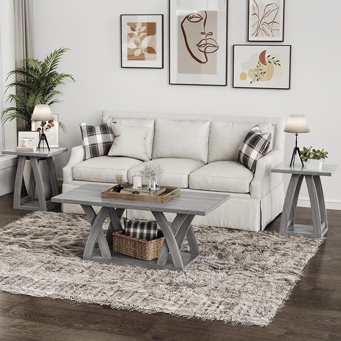 End Tables Living Room, Side Table Beside Sofa, Nightstand for Bedroom, Couch Side Table with Shelf, Modern End Table for Living Room, Grey End Table Set of 2