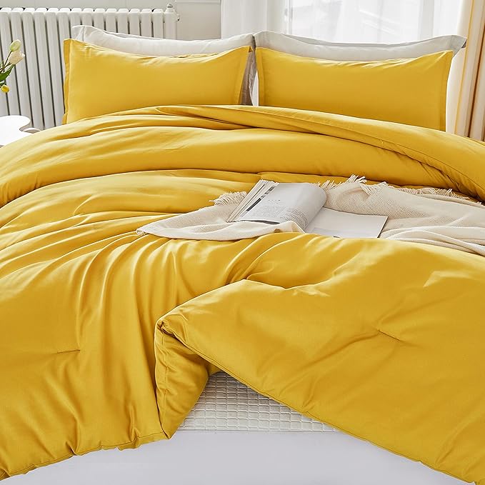 Litanika Mustard Yellow Comforter Set Queen Size, 3 Pieces Lightweight Solid Bedding Comforter Set, All Season Fluffy Bed Set (90x90In Comforter & 2 Pillowcases)