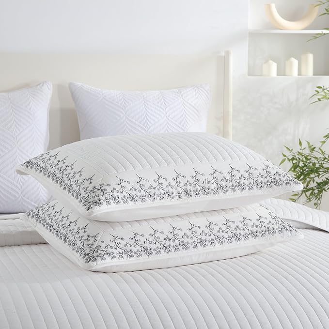 MarCielo 3-Piece 100% Cotton White Striped Quilt Set with Botanical Edge Embroidery TC(Sakura White,Queen (98" X 90"))