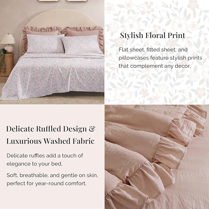 Queen Comforter Set - 7 Pieces Ruffle Pink Bedding Sets, Shabby Chic Farmhouse Bed in a Bag Queen with Ruffle Comforter, Floral Sheets, Pillowcases & Shams