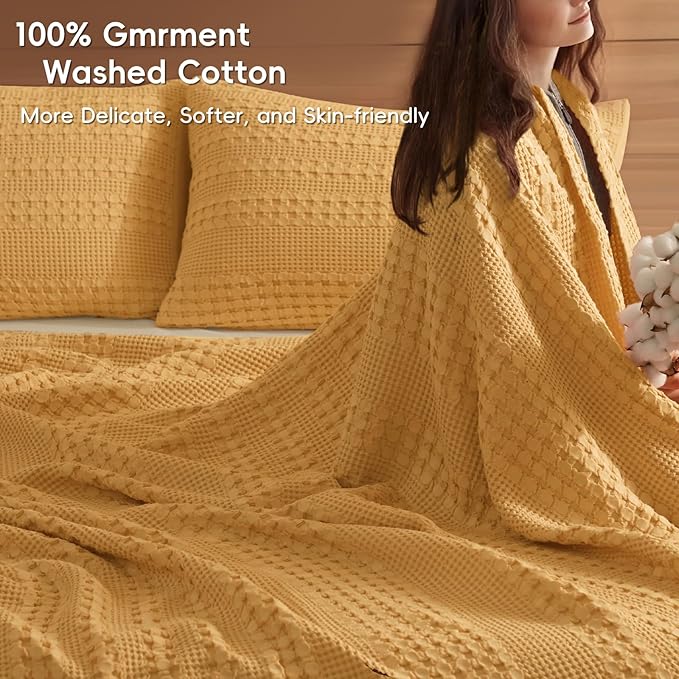 PHF 100% Cotton Waffle Weave Blanket Queen Size for Bed, Lightweight Washed Cotton Blanket - 90"x90" Aesthetic Soft Woven and Breathable Blanket for Sofa Home Decor - Ginger Yellow