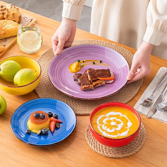 vancasso Bonita Dinnerware Set Muticolor Stoneware 18 Pieces Service for 6, Handpainted Spirals Pattern Stoneware Plates and Bowls Set