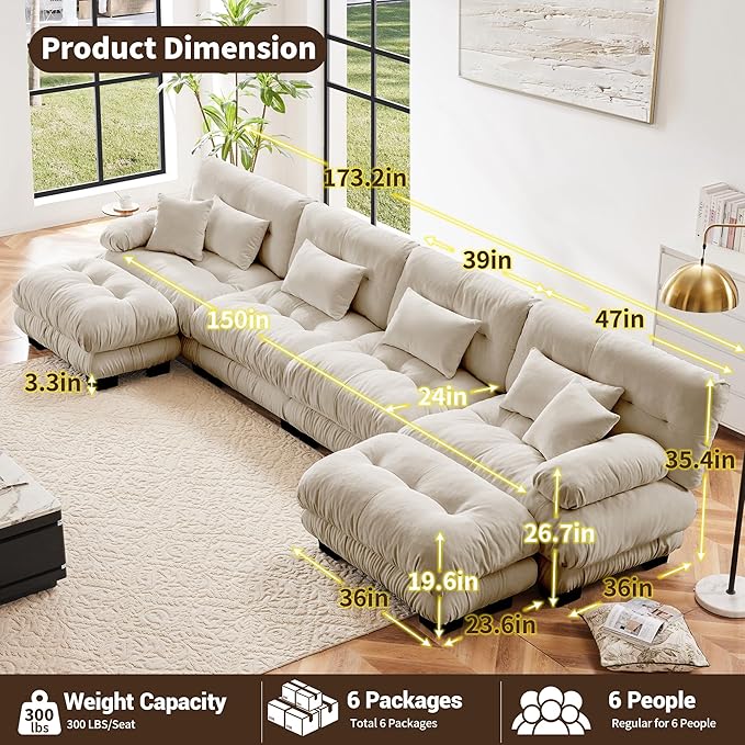 U Shaped Couch Sectional Couch, 4-Seater Cloud Couch Sectional Oversized Couch, Sofa Bed Couch with Round Bolster Armrests 6 Pillows, Modular Couch Home Sofa Living Room Couch