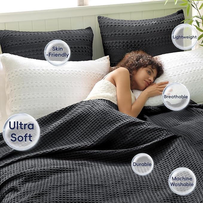 PHF Ultra Soft Waffle Weave Blanket Queen Size 90"x 90"- Washed Lightweight Breathablee Cozy Woven Blanket - Great for Couch Bed Sofa Home Car - Black