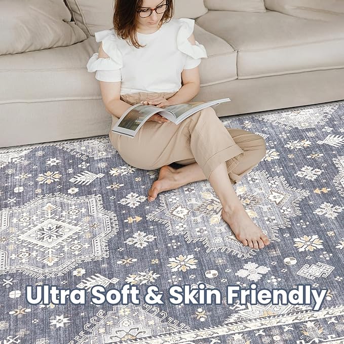 Washable Area Rugs for Living Room -10x14 Neutral Vintage Distressed Floral Farmhouse Boho Large Soft Floor Rug Indoor Non Slip Carpet for Living Room Bedroom Dining Room Office - Denim Blue/Grey