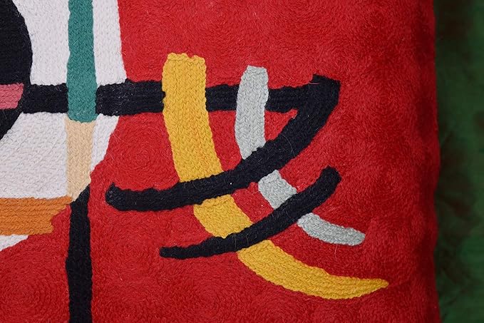 Modern Throw Pillow Cover - Kandinsky Inspired Abstract Pattern - Red - 18" x 18" - Hand Embroidered Wool - Living Room, Office, Bedroom, Outdoor