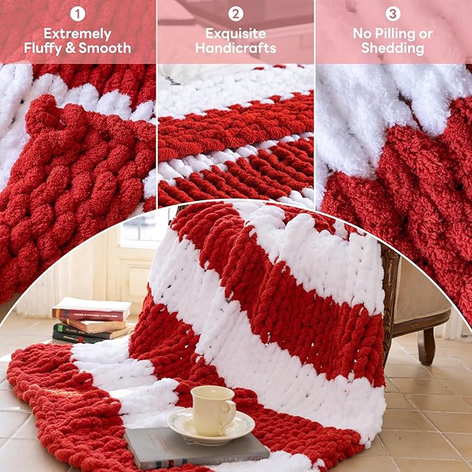 Chunky Knit Blanket - Luxury Soft Cozy 50 * 60 Throw Blanket,100% Woven Blanket Rope Knot Throw Blanket for Couch, Sofa, Home Decor, Gift - Machine Washable（White/Wine red）