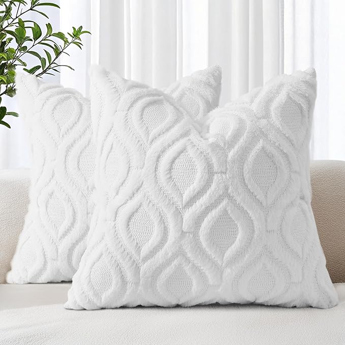 decorUhome Fall Throw Pillow Covers 26x26 Inch Set of 2, Soft Plush Decorative Faux Fur White Solid Couch Pillow Covers, Accent Farmhouse Neutral Square Euro Pillow Cases for Sofa Bed Living Room
