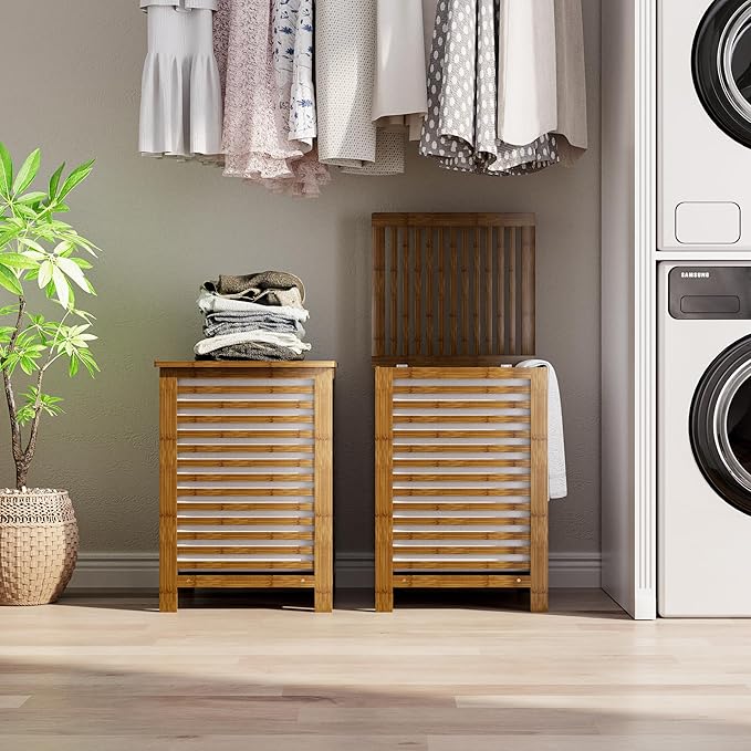 SMIBUY Double Laundry Hamper with Lid, 120L Bamboo Laundry Basket with Removable Liner Bag, 2-Section Clothes Divider Laundry Sorter for Laundry Room, Bathroom, Bedroom (Walnut)