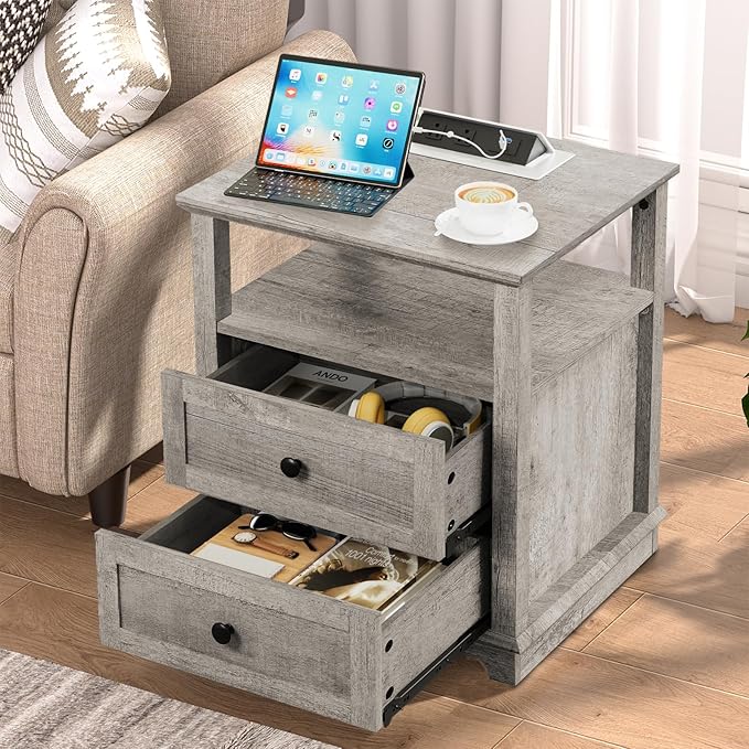 HIFYOBRO End Table with 2 Drawers and Charging Station, Type-C & USB Port & Power outlets, Wooden Storage Cabinet, Large Side Table with Storage for Living Room and Bedroom