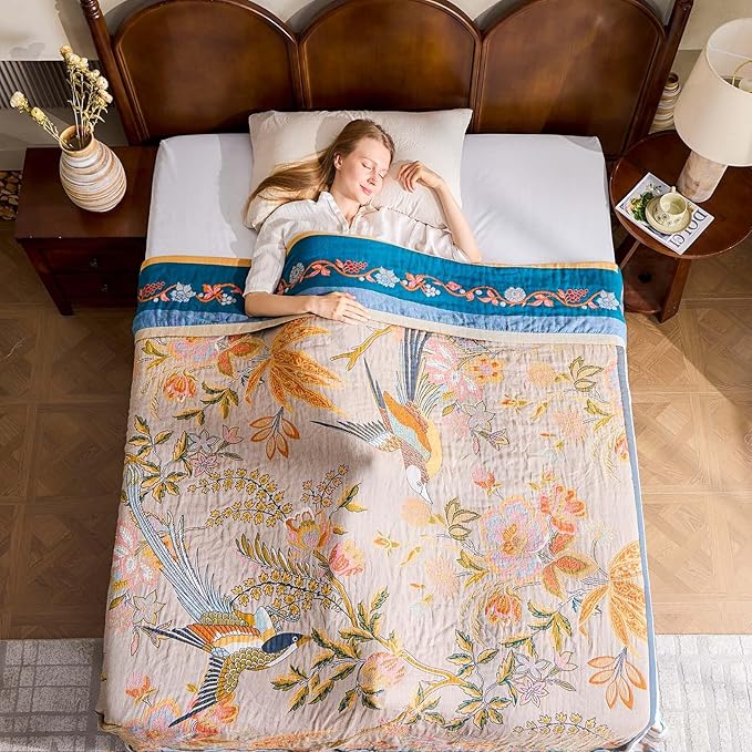 Boho Blanket, 100% Cotton Farmhouse Decorative Throw Blanket, 50"x60" Reversible Bohemian Throw Blanket, Brown All Season Muslin Breathable Woven Blankets Quilt