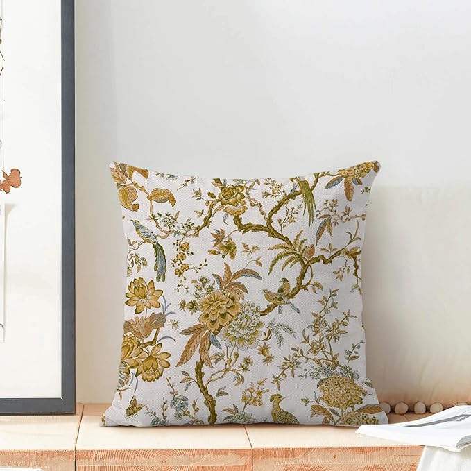CXMEIFLY Summer Floral Birds Pillow Covers 20 x 20 Inch Set of 2 for Chinoiserie Flowers Spring Decor Throw Pillows Mustard Yellow Plant Outdoor Decorative Cushion Cases for Couch Bed Decorations