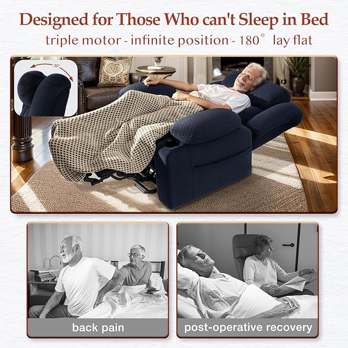 Three Motor Large-Wide Power Lift Chairs Recliners for Big and Tall Elderly, 180° Lay Flat Lift Chair, Infinite Position, Power Headrest, Heat & Vibration Massage (Plush Flannel, Navy Blue)
