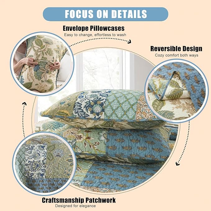 NEWLAKE Quilt Set Twin Size, 100% Cotton Patchwork Green Bohemian Quilt Sets, Reversible Bedspread Lightweight and Breathable for All Seasons, Soft Quilted Bedspread