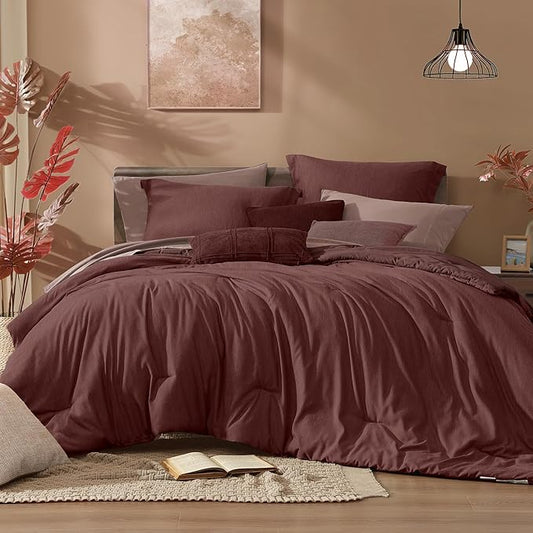 Monbix Full Size Comforter Set, Dark Red Bedding Comforter for Full Size Bed Set Reversible, Bedding Sets Full 7 Pieces, Cationic Dyeing Bed in a Bag with Comforter, Sheets, Pillowcases & Shams