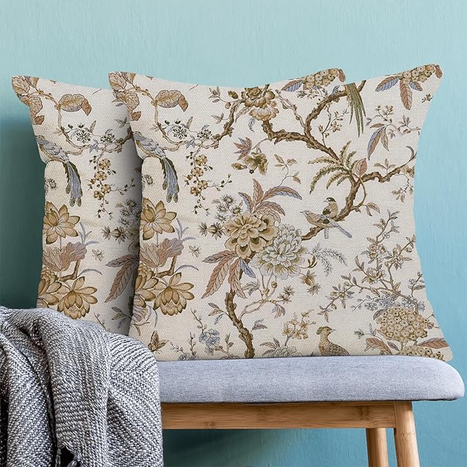 CXMEIFLY Spring Floral Birds Pillow Covers 20 x 20 Inch Set of 2 for Chinoiserie Flowers Decor Throw Pillows Brown and White Plant Outdoor Decorative Cushion Cases for Couch Bed Decorations