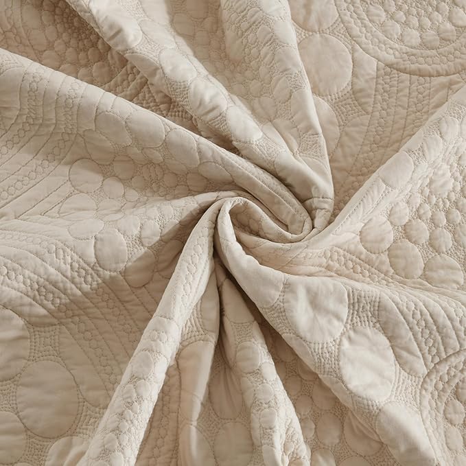MarCielo 3-Piece 100% Cotton Oversized Bedspread Lightweight Quilt Coverlet Embroidery Farmhouse Bedding (Tf Khaki Beige, Oversized Queen (100"x106"))