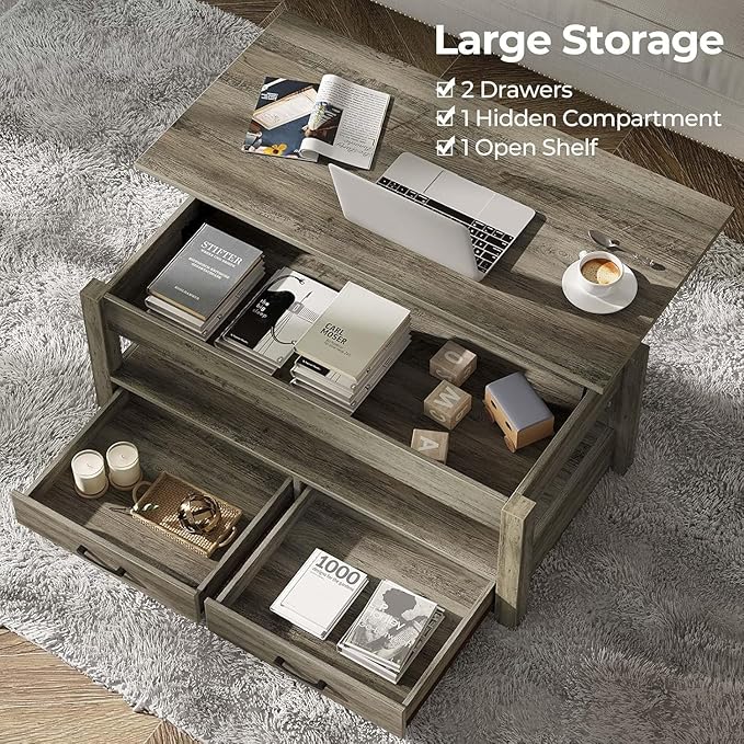 Rolanstar Coffee Table, 47.2" Lift Top Coffee Table with Drawers and Hidden Compartment, Retro Central Table with Wooden Lift Tabletop, for Living Room, Washed Oak