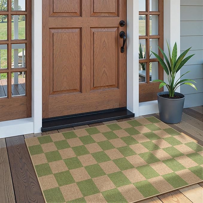 Lahome Checkered 3x5 Washable Rug, Green Easy Jute Rug for Entryway Living Room, Modern Non Slip Non Shedding Indoor Outdoor Carpet for Porch Deck Kitchen