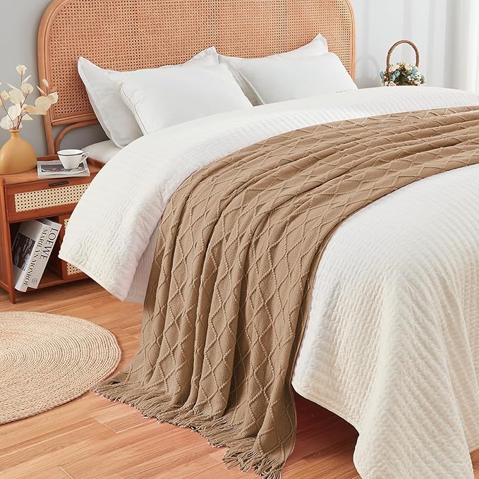 inhand Knitted Throw Blankets for Couch and Bed, Soft Cozy Knit Blanket with Tassel, Khaki Lightweight Decorative Blankets and Throws, Farmhouse Warm Woven Blanket for Men and Women, 60"x80"