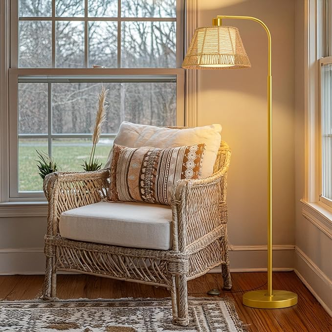 Oneach Arc Floor Lamp for Living Room with 3 Color Temperatures, Farmhouse Floor Lamps with Remote & Dimmable Bulb, Rattan Boho Floor Lamp with Hand-Woven Wicker & Fabric Shade