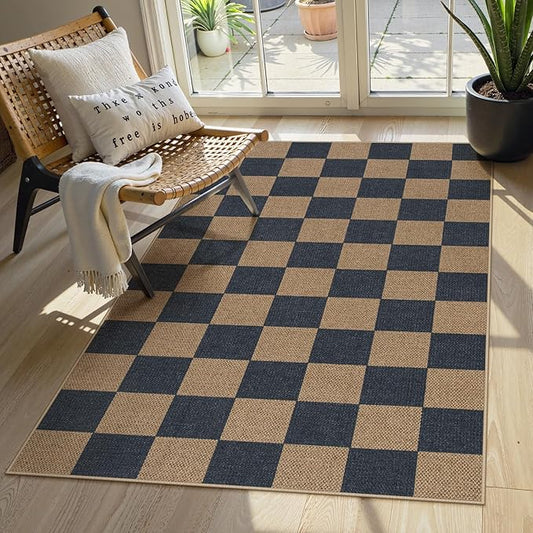 Lahome Checkered Easy Jute Indoor Outdoor Carpet, 3x5 Washable Rugs for Entryway Living Room Farmhouse Area Rug, Non Slip Blue Checkerboard Indoor Door Mat for Entry Patio Deck