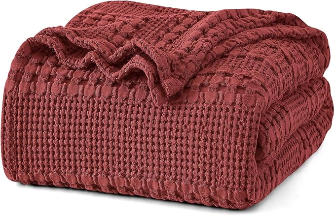 PHF 100% Cotton Waffle Weave Blanket Queen Size, Soft Lightweight Breathable Cozy Summer Blankets for Bed, Luxury Aesthetic Woven Bedding for Home Decor, 90"x90", Wine Red