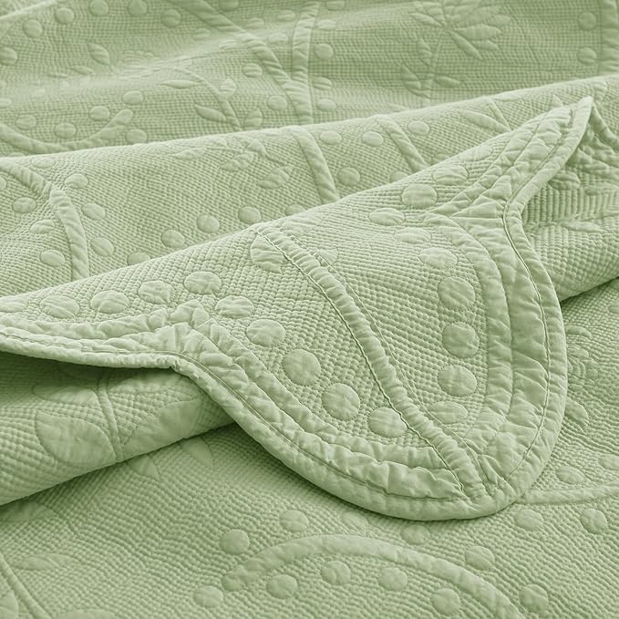 MarCielo 3-Piece 100% Cotton Oversized Bedspread Lightweight Quilt Coverlet Embroidery Farmhouse Bedding Set (TX Pale Green, Oversized King (118"x106"))