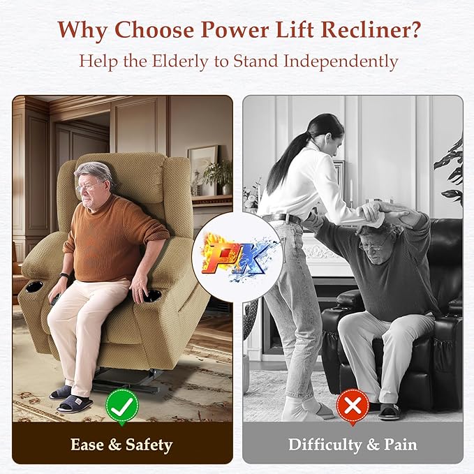 Three Motor Large-Wide Power Lift Chairs Recliners for Big and Tall Elderly, 180° Lay Flat Lift Chair, Infinite Position, Power Headrest, Heat & Vibration Massage (Plush Flannel, Camel Beige)