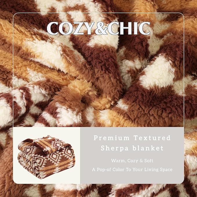 CASAAGUSTO Boho Sherpa Throw Blanket, Aztec, Ultra Soft, Warm, Cozy, Plush, Thick Fleece Bohemian Throw Blanket for Couch, Bed, Sofa (Terracotta 50 * 60 Inch)