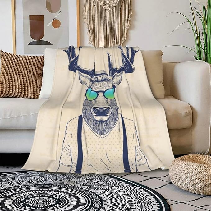 HGOD DESIGNS Deer Throw Blanket Deer Dressed up Like Cool Hipster Blanket Super Soft Flannel Throw Blanket Lightweight Plush Fuzzy Bed Blanket for Bedding Sofa and Travel 50"X60"