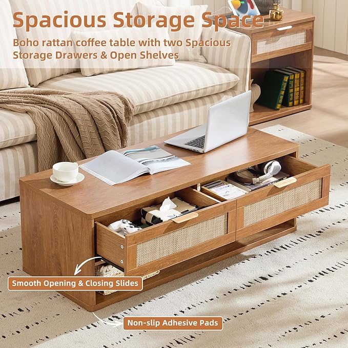 LEYAOYAO Boho Rattan Coffee Table and End Table Sets, 48" Wide Center Tables & 23" Night Stand with 3 Drawers, Brown Wood Coffee Table for Living Room 2 Piece Set