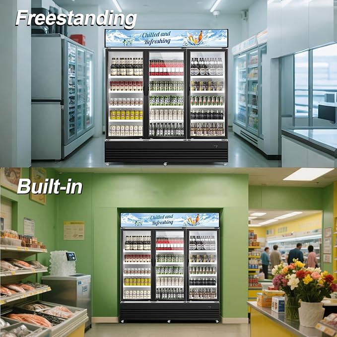 Tylza Commercial Refrigerator, Three Glass Door Display Beverage Fridge, 59.06 Cu Ft Upright Beverage Cooler Merchandiser with Replaceable Advertising Light Board, Rebound Door, Fast Cooling