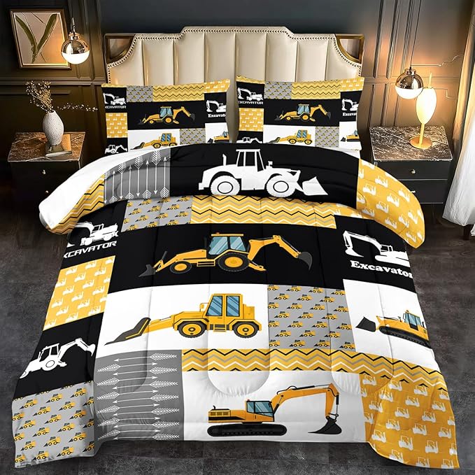 Construction Comforter Set King Boys,Yellow King Construction Bedding Set,Engineering Vehicles Comforter Yellow Bedroom Decor Kids,Truck Quilt Cartoon Truck Bedding for Teen