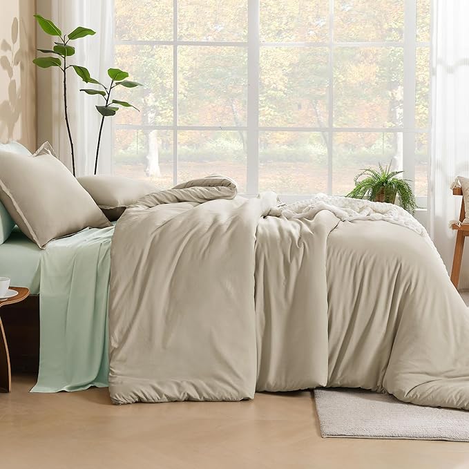 Litanika Oatmeal Comforter California King Size, 3 Pieces Cal King Lightweight Solid Bedding Comforter Set, All Season Fluffy Bed Set (104x96In Comforter & 2 Pillowcases)