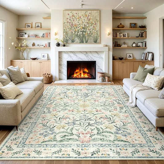 Wonnitar Large Living Room Rug, Floral 10 x 14 Machine Washable Area Rugs, Soft Boho Ultra-Thin Non-Shedding Indoor Aesthetic Carpet for Bedroom Dining Room Office