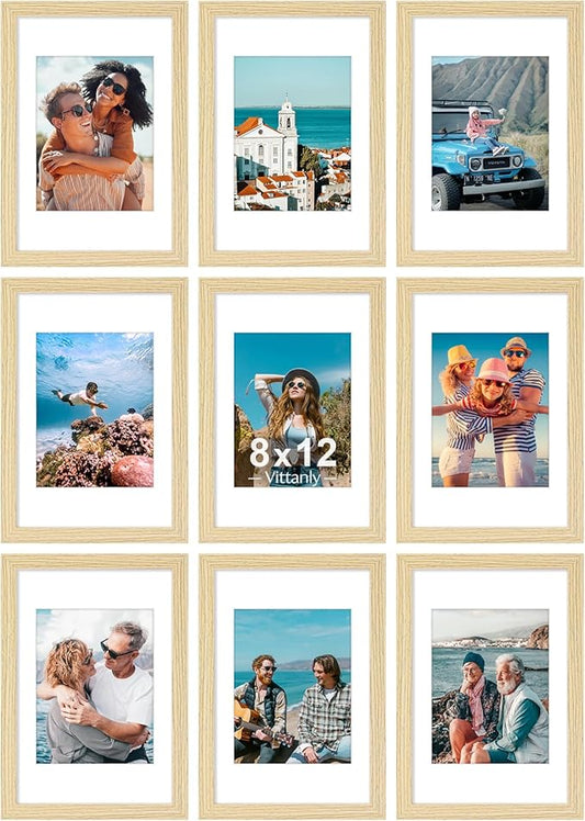 Vittanly 8x12 Picture Frames Set of 9, Shatter Resistant Plexiglass, Display 6x8 Pictures with Mat or 8x12 without Mat, Photo Frames for Wall or Tabletop, Engineered Wood, OAK