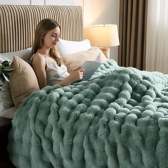 Lotus Karen Faux Fur Throw Blanket Sage Green - Big Bubble Rabbit Fluff Blanket for Couch Bed Sofa,Softest Fluffy Fuzzy Cozy Blanket,Plush Thick Furry Shaggy Warm Blankets for Women,108x90 Inches