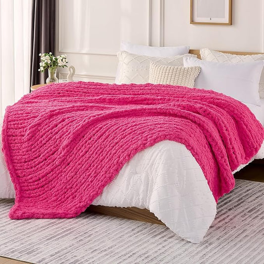 L'AGRATY Chunky Knit Blanket Throw: 60''x80'' Chenille Chunky Knitted Throw Blanket for Bed Couch - Handmade Thick Big Cable Knit Blanket - Large Crochet Rope Blanket for Home Decor(Hot Pink)